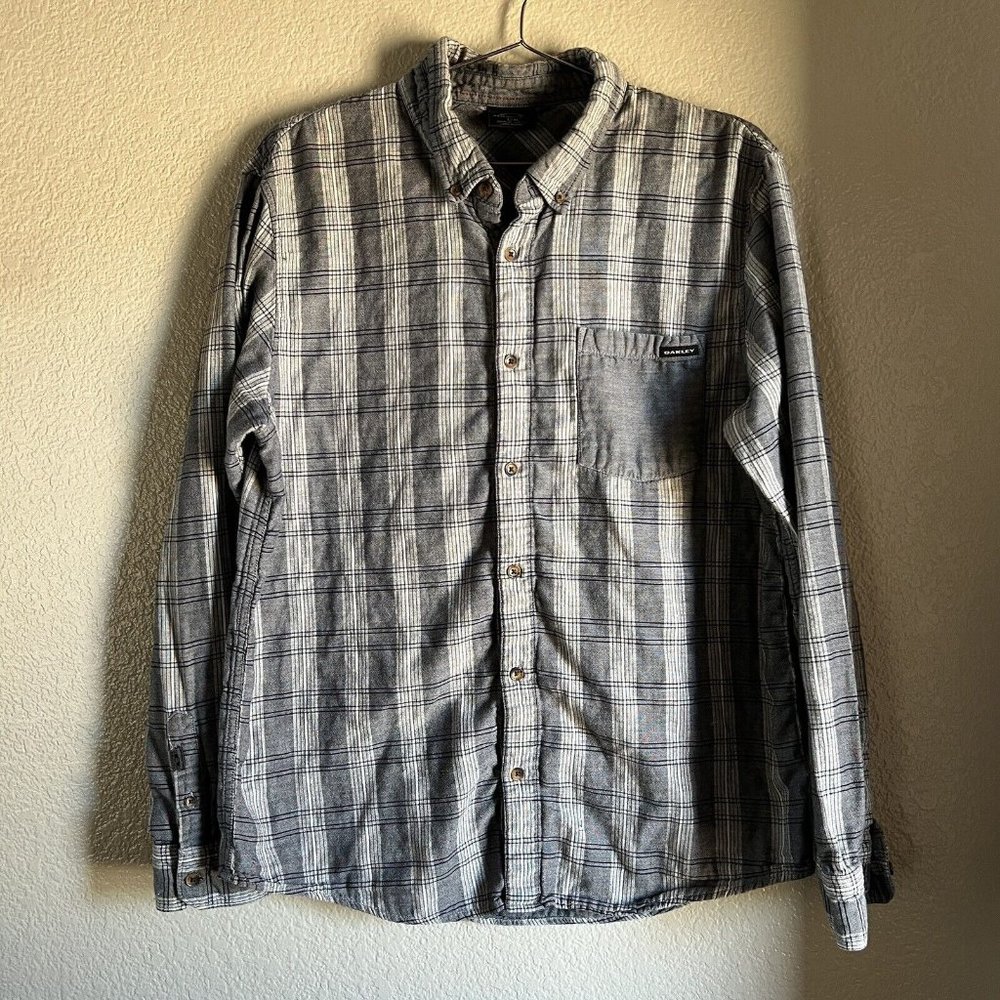 Men’s Oakley Long Sleep Plaid Button Up Shirt Grey Size Medium